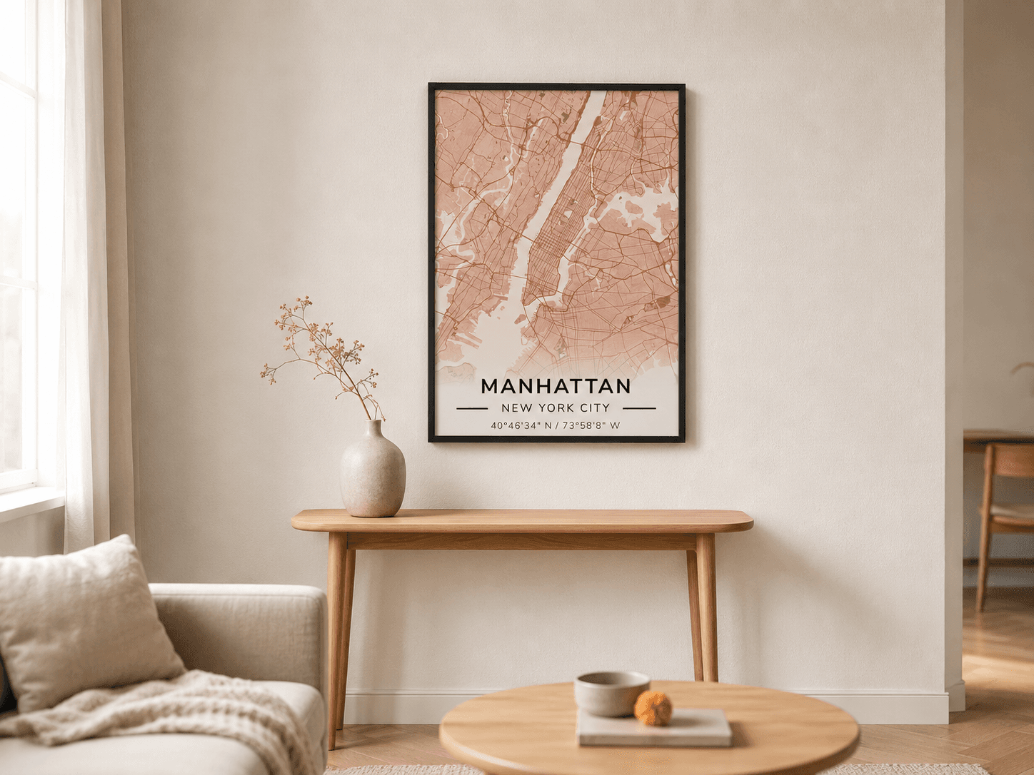 A framed custom street map poster on a living-room wall