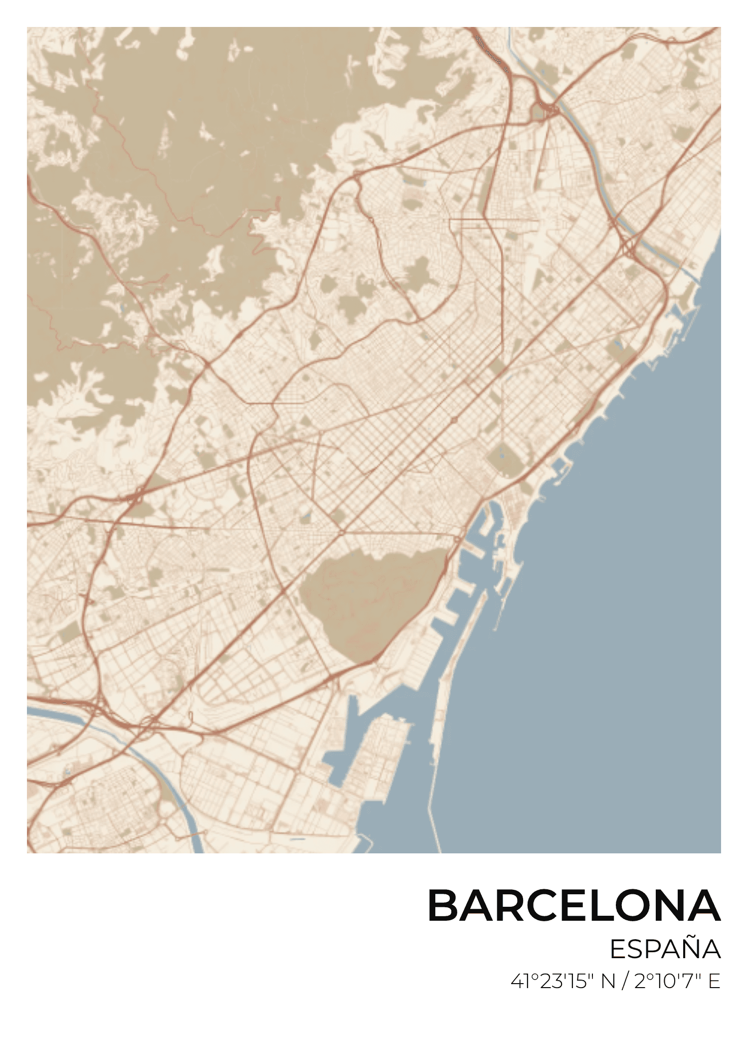 Barcelona street map poster — Terracotta palette