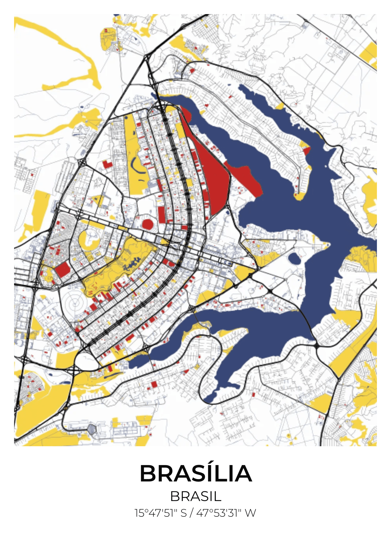 Brasília street map poster — Mondrian palette