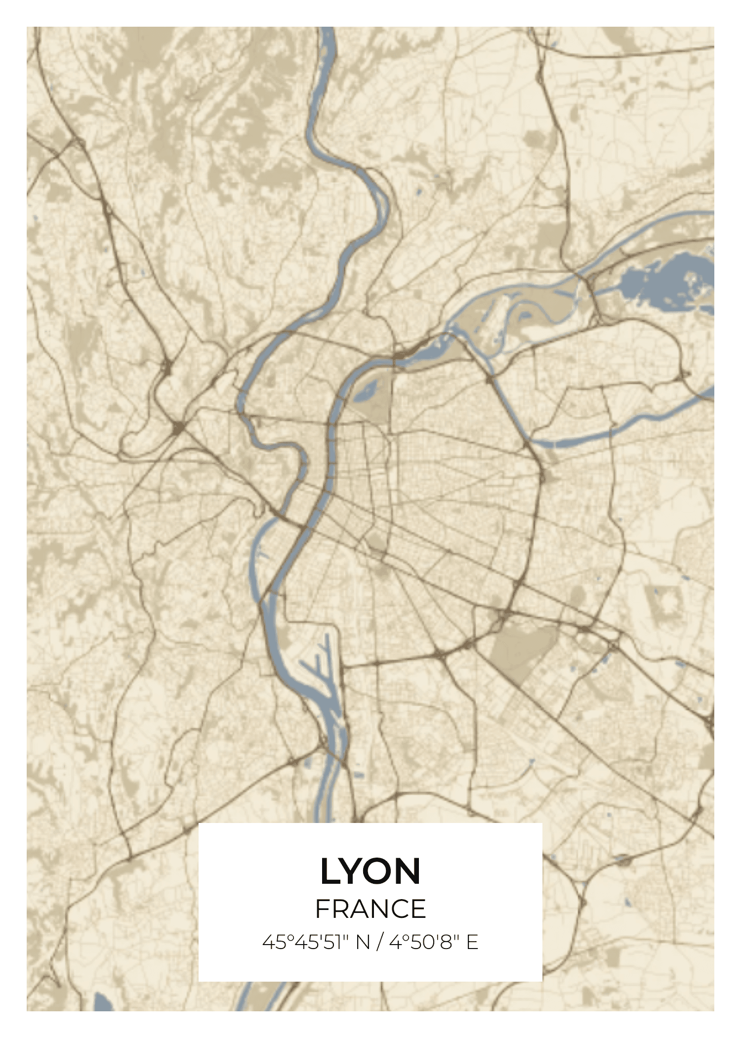 Lyon street map poster — Sepia palette